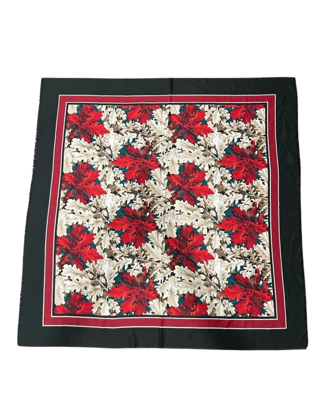 Tie Rack Leaf Print Square Scarf Red Black Fringe Trim Shawl Wrap Polyester